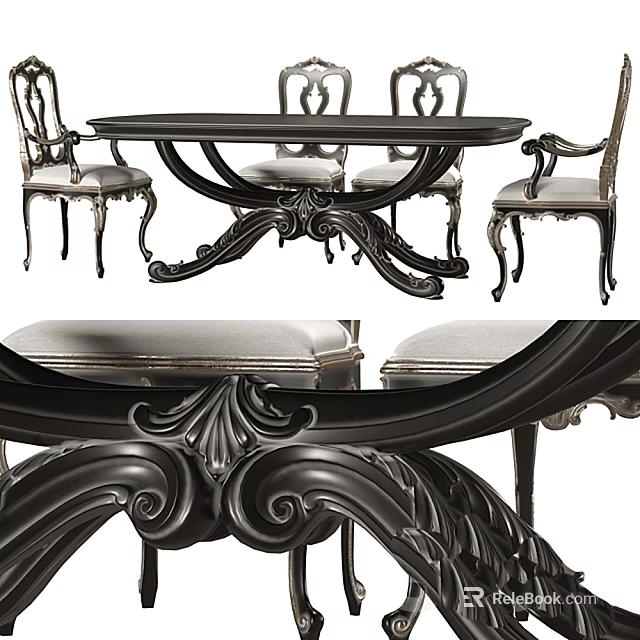 Elegant Classic Black Carved Dining Table Set With European Style Upholstered Chairs 3d model 