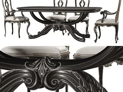 Elegant Classic Black Carved Dining Table Set With European Style Upholstered Chairs 3d model