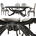 Elegant Classic Black Carved Dining Table Set With European Style Upholstered Chairs