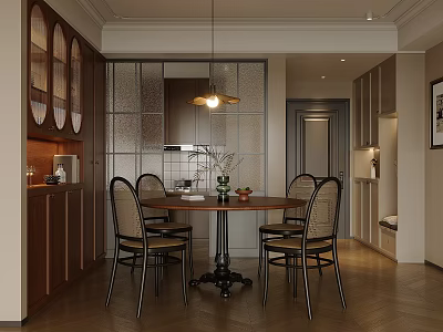 Modern Restaurant Interior With Dining Table Chairs Hanging Lamp Cabinets And Wooden Floor 3d model