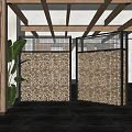 Traditional Tea House Interior With Wooden Screens Stacked Logs And Green Plants