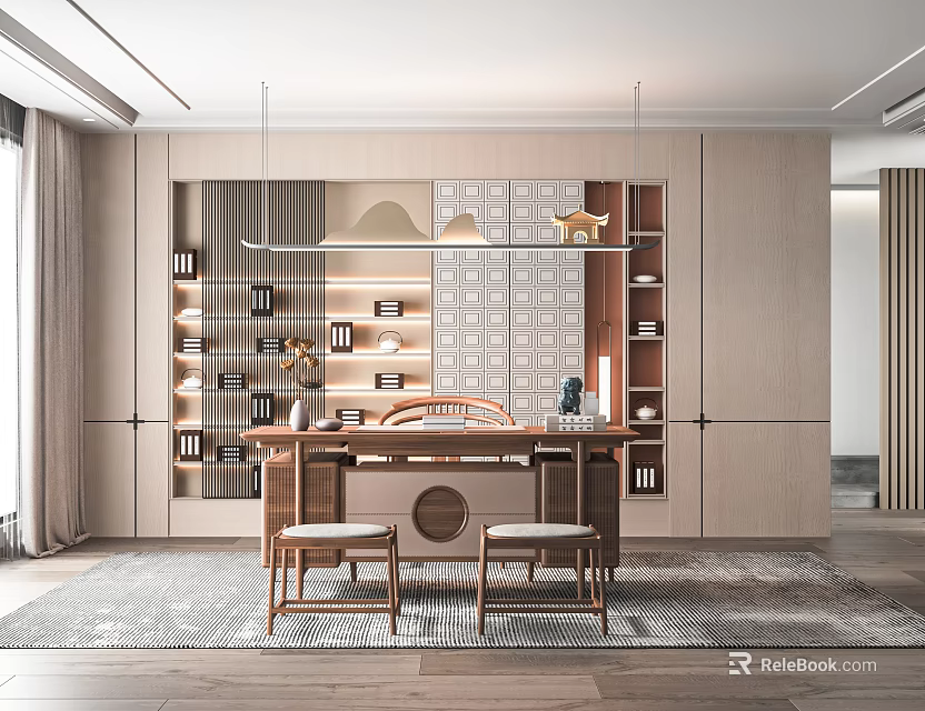 Modern Study Room Interior Design With Wooden Writing Desk Bookshelves Hanging Lamps And Area Rug 3d model 