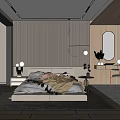 Modern Bedroom Interior With Striped Wall Platform Bed And Wooden Accents