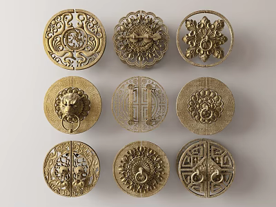 Vintage Brass Circular Handles With Traditional Carved Patterns And Ornate Designs 3d model