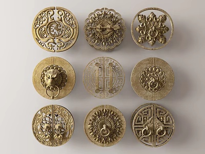 Vintage Brass Circular Handles With Traditional Carved Patterns And Ornate Designs 3d model