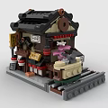 Japanese Traditional Building Blocks Model With Detailed Roof Lanterns And Green Plants