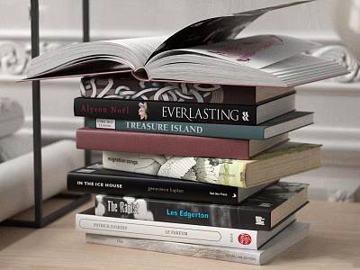 Stack of Diverse Books Including Everlasting Treasure Island and Open Illustrated Top Book 3d model