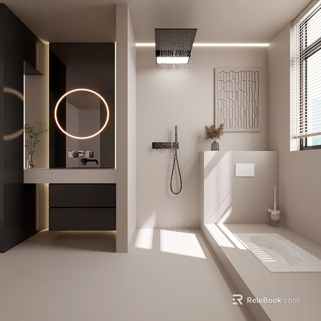 Modern Bathroom Interior Design with Round Mirror Wall Mounted Shower Vanity Black White Natural Light 3d model 