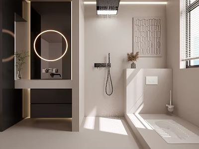 Modern Bathroom Interior Design with Round Mirror Wall Mounted Shower Vanity Black White Natural Light 3d model