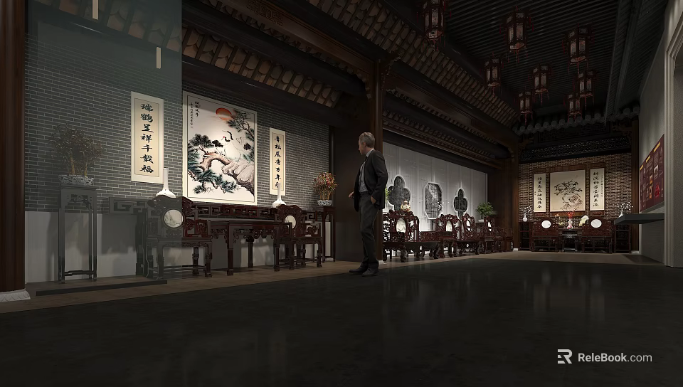 Traditional Chinese Cultural Center With Visitor Exploring Tile Roof Lanterns Calligraphy Paintings And Wooden Furniture 3d model 