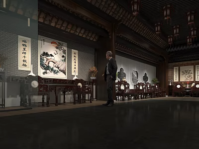 Traditional Chinese Cultural Center With Visitor Exploring Tile Roof Lanterns Calligraphy Paintings And Wooden Furniture 3d model