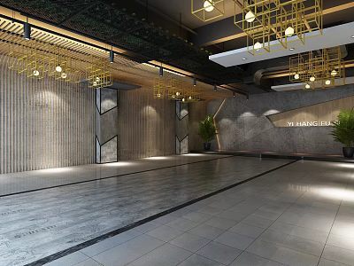 Contemporary Hall Interior With Gray Tiled Floor Wooden Striped Walls And Golden Pendant Lights 3d model