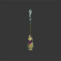 Fantasy Magical Broom Weapon Featuring Wooden Handle Metal Top Purple Accent and Yellow Bristles
