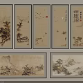 Traditional Chinese Landscape Paintings With Mountains Rivers Trees And Multiple Frames 3d model