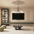 Luxurious Living Room Interior With Chandelier Framed Paintings Round Clock Beige Sofa And Green Ottomans