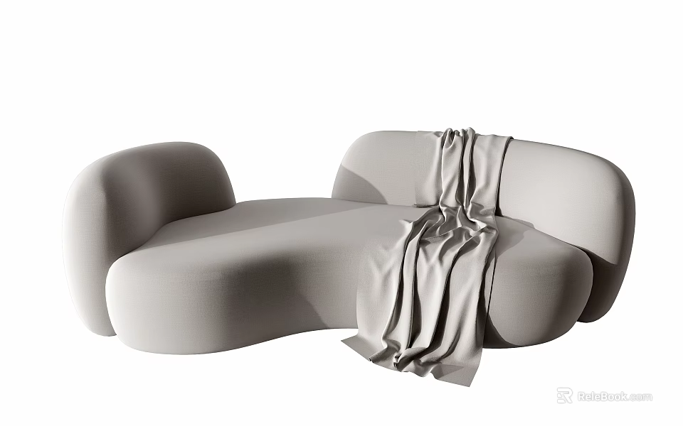 Light Gray Irregular Shaped Sofa With Draped Blanket In Modern Design 3d model 