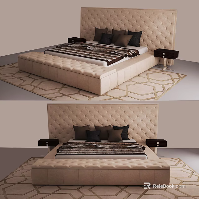 Luxurious Double Bed with Upholstered Headboard Dark Pillows Striped Blanket Nightstands and Geometric Rug 3d model 