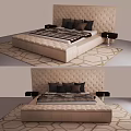 Luxurious Double Bed with Upholstered Headboard Dark Pillows Striped Blanket Nightstands and Geometric Rug