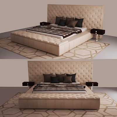 Luxurious Double Bed with Upholstered Headboard Dark Pillows Striped Blanket Nightstands and Geometric Rug 3d model