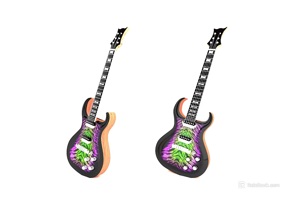 Double Electric Guitars With Vibrant Purple Green Painted Patterns And Wooden Bodies 3d model 