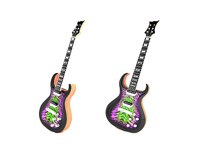 Double Electric Guitars With Vibrant Purple Green Painted Patterns And Wooden Bodies 3d model