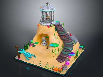 Cartoon Scene With Spiral Staircase Gazebo On Top Colorful Plants Cave And Blue Dragon Creature 3d model