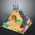 Cartoon Scene With Spiral Staircase Gazebo On Top Colorful Plants Cave And Blue Dragon Creature