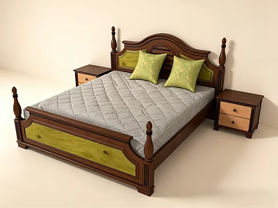 Classic Wooden Double Bed With Brown Frame Gray Mattress Green Pillows And Nightstands 3d model