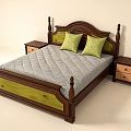 Classic Wooden Double Bed With Brown Frame Gray Mattress Green Pillows And Nightstands