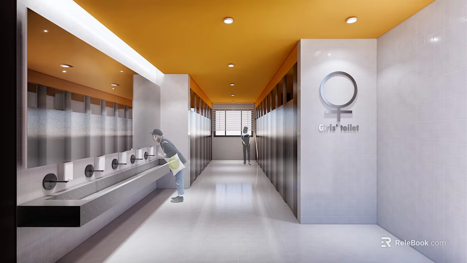Modern Public Toilet with Yellow Ceiling and White Walls Washbasins and Stalls in Clean Interior 3d model 