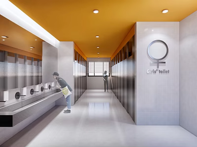 Modern Public Toilet with Yellow Ceiling and White Walls Washbasins and Stalls in Clean Interior 3d model