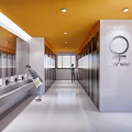 Modern Public Toilet with Yellow Ceiling and White Walls Washbasins and Stalls in Clean Interior