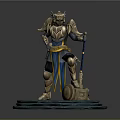 Game Fantasy Warrior Character with Golden Silver Armor Blue Sash Staff and Blue Circular Base