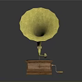 Vintage Gramophone Featuring Yellow Decorative Horn Wooden Base And Black Record With Red Center