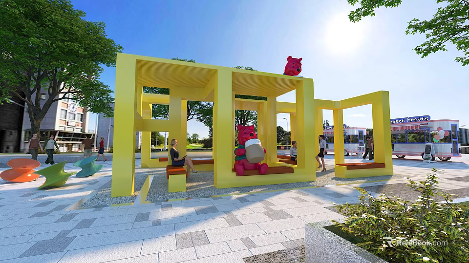 Yellow Geometric Frame Pergola With Red Bear Sculptures And Seats In Urban Park 3d model 