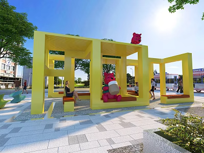 Yellow Geometric Frame Pergola With Red Bear Sculptures And Seats In Urban Park 3d model