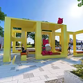 Yellow Geometric Frame Pergola With Red Bear Sculptures And Seats In Urban Park