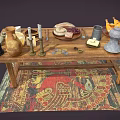 Rustic Wooden Dining Table Set With Stool Rug Fruits Cheese Bread Candlesticks Grinder And Vase