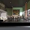 Bright Two Story Restaurant Interior With Yellow Green Walls Dining Tables And Bar Counter