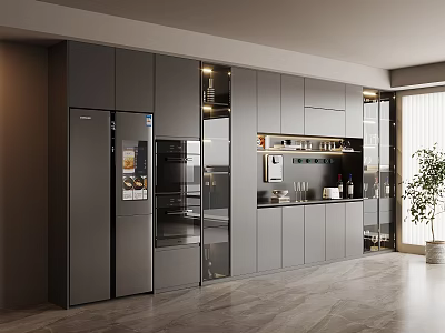 Modern Sleek Kitchen Interior With Gray Buffet Cabinet Glass Doors And Potted Plant 3d model