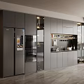Modern Sleek Kitchen Interior With Gray Buffet Cabinet Glass Doors And Potted Plant