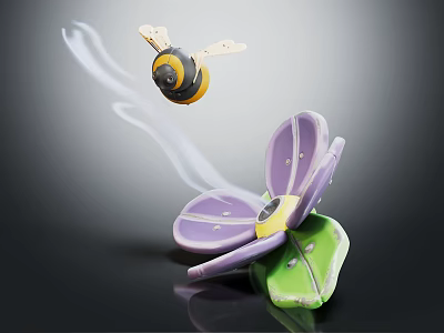 Decorative Purple Flower With Green Leaf And Yellow Black Bee Emitting White Steam 3d model