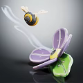 Decorative Purple Flower With Green Leaf And Yellow Black Bee Emitting White Steam