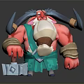 Elderly Man with Red Skin White Beard Suspenders Carrying Large Axes on Shoulders and Toolbox