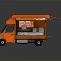 Orange Food Truck With Open Side Door And Food Display Trays