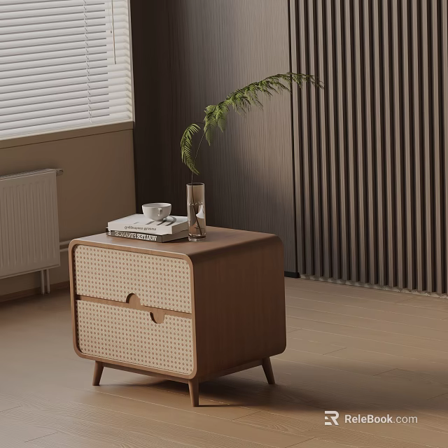 Modern Minimalist Side Table With Rattan Drawers Wooden Frame And Green Plant Near Blinds 3d model 