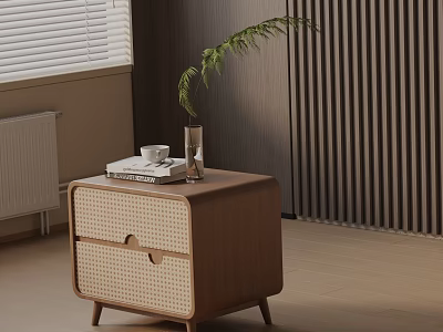 Modern Minimalist Side Table With Rattan Drawers Wooden Frame And Green Plant Near Blinds 3d model