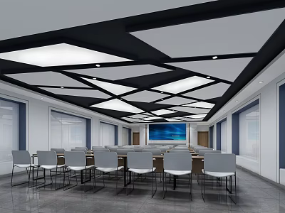 Modern Conference Room With Black White Geometric Ceiling Square Lights Large Screen And Gray Chairs 3d model