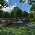 Natural Wooden Bridge In Park With Green Grass Trees Water Blue Sky And White Clouds