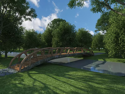 Natural Wooden Bridge In Park With Green Grass Trees Water Blue Sky And White Clouds 3d model